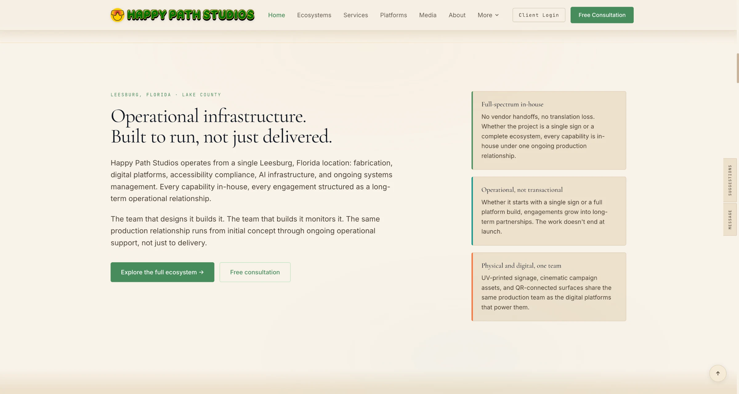 Happy Path Studios "Operational infrastructure. Built to run, not just delivered" page, showing full-spectrum in-house capability, operational not transactional engagements, and unified physical and digital production.