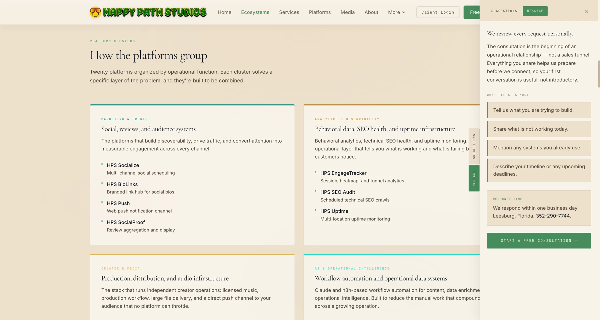Happy Path Studios message panel: "We review every request personally. The consultation is the beginning of an operational relationship, not a sales funnel."