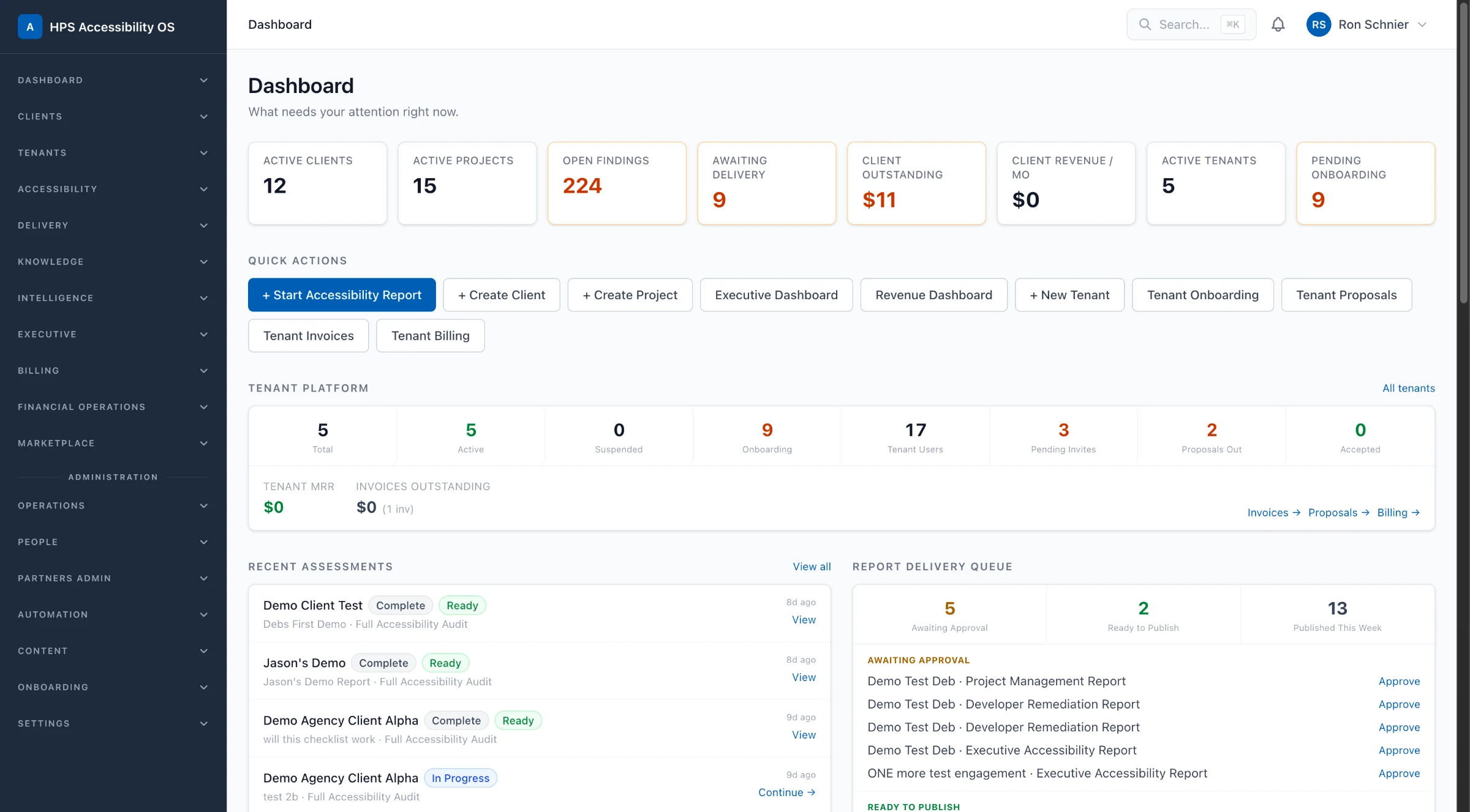 HPS Accessibility OS dashboard showing 12 active clients, 15 active projects, 224 open findings, and a report delivery queue.