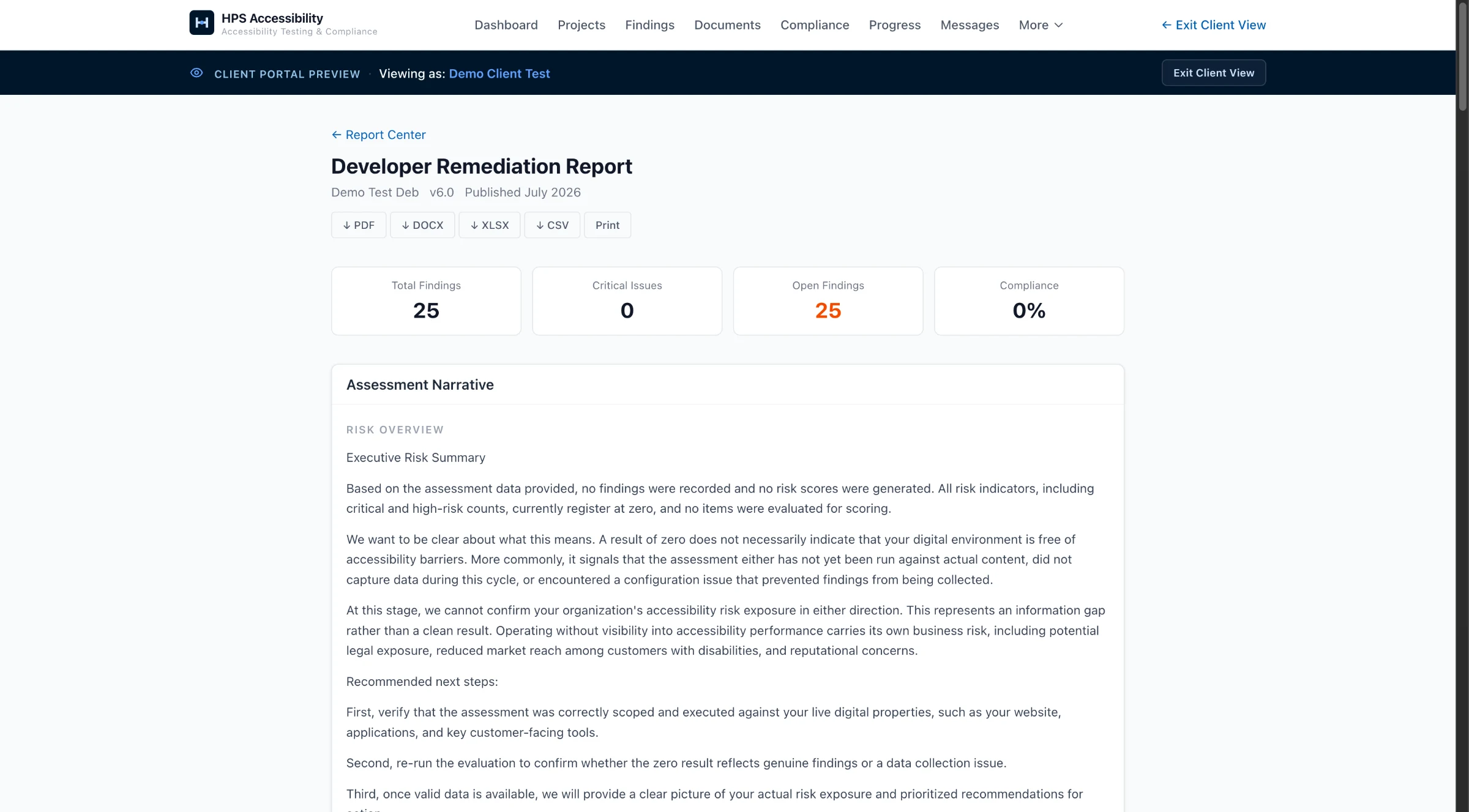 Developer Remediation Report showing Total Findings, Critical Issues, Open Findings, and Compliance stat tiles above a written assessment narrative.