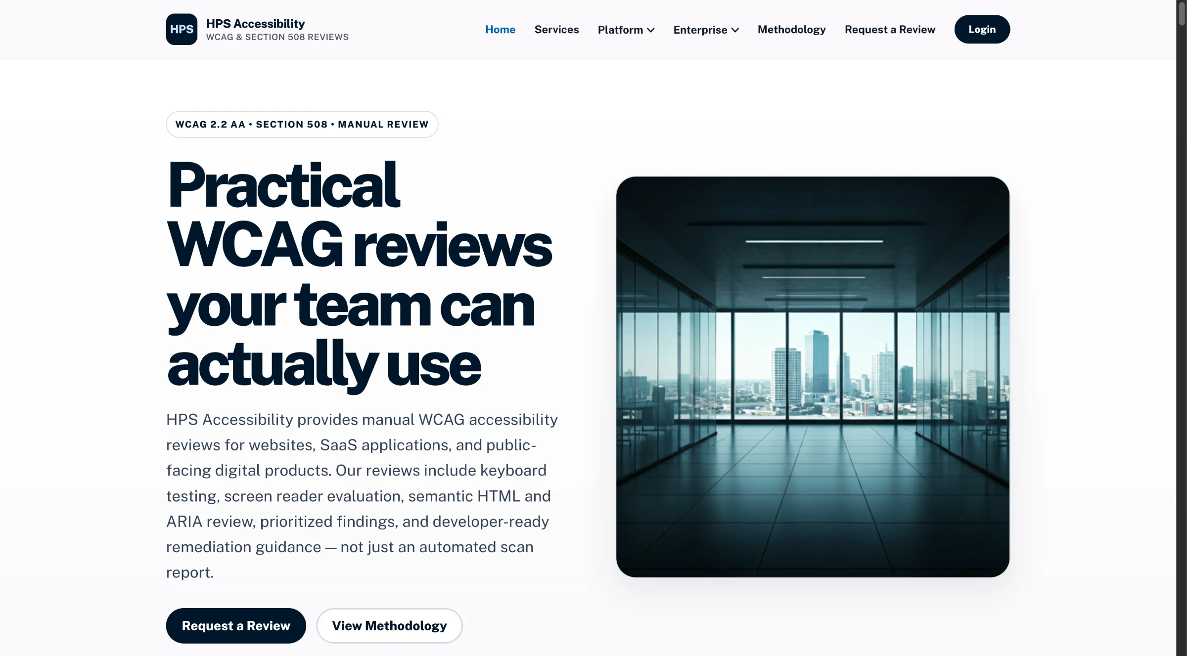 HPS Accessibility marketing homepage: "Practical WCAG reviews your team can actually use," with WCAG 2.2 AA, Section 508, and manual review badges.