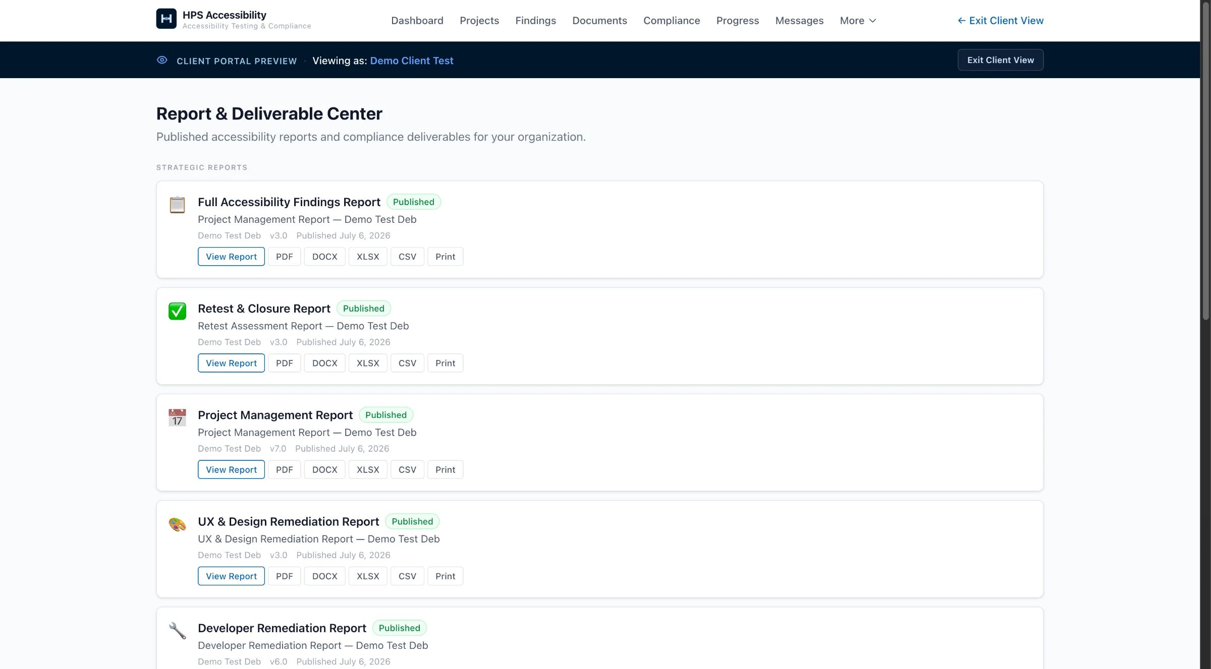 Report & Deliverable Center listing published reports including Full Accessibility Findings, Retest & Closure, Project Management, UX & Design Remediation, and Developer Remediation, each with multi-format export.