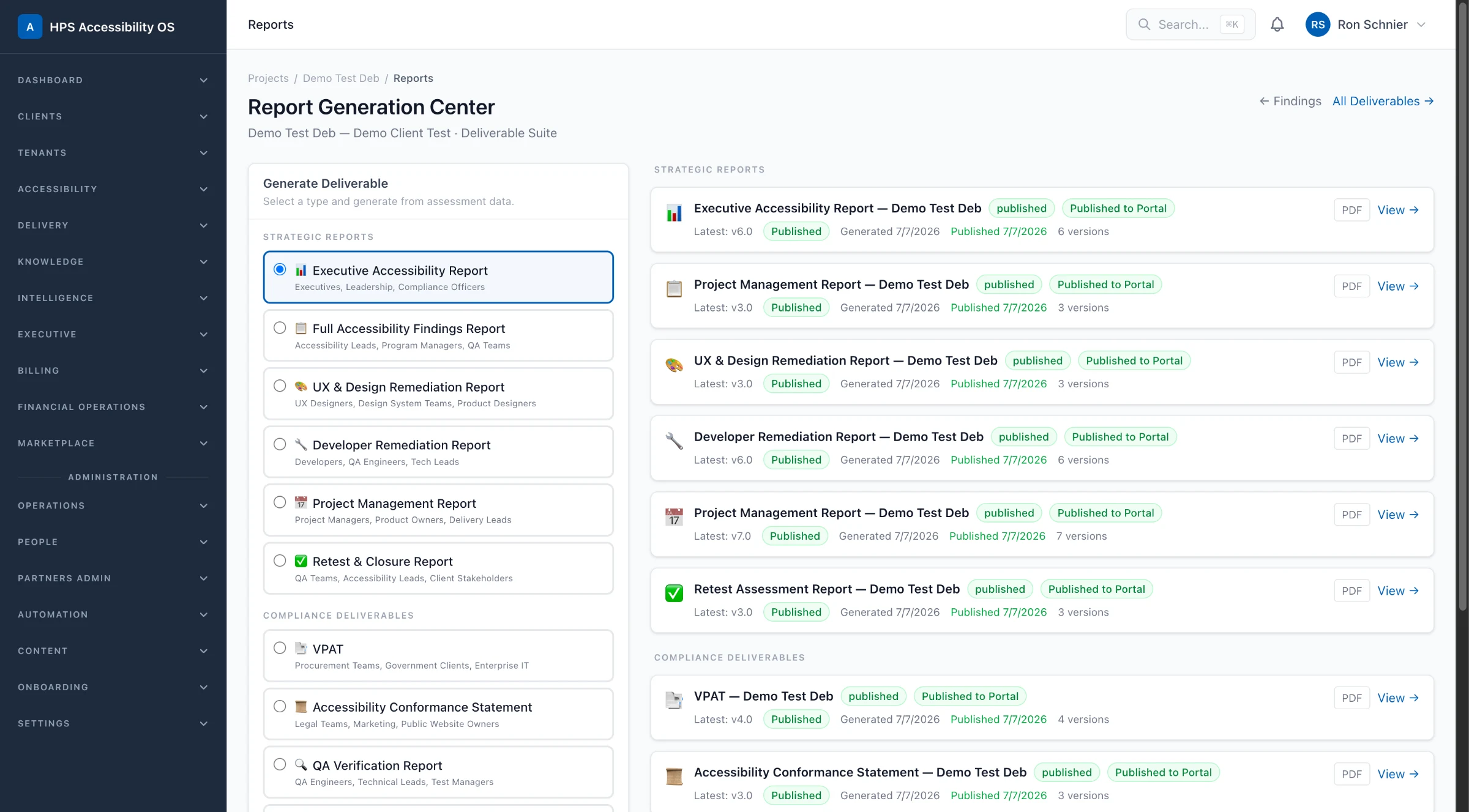 Report Generation Center showing report type selection, including Executive Accessibility Report and Developer Remediation Report, alongside a list of generated, published reports with version history.