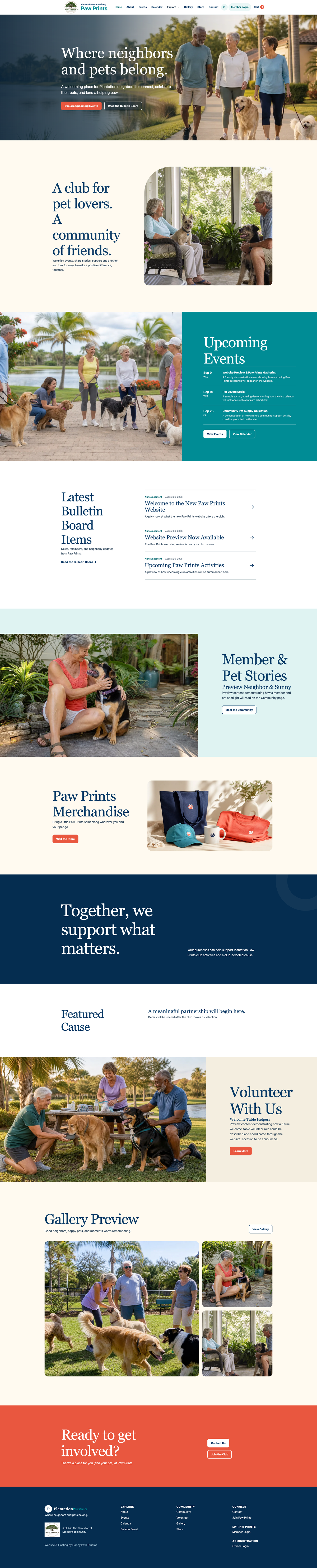 Public Plantation Paw Prints homepage showing club content, events, member stories, merchandise, causes, volunteering opportunities, and photo galleries.