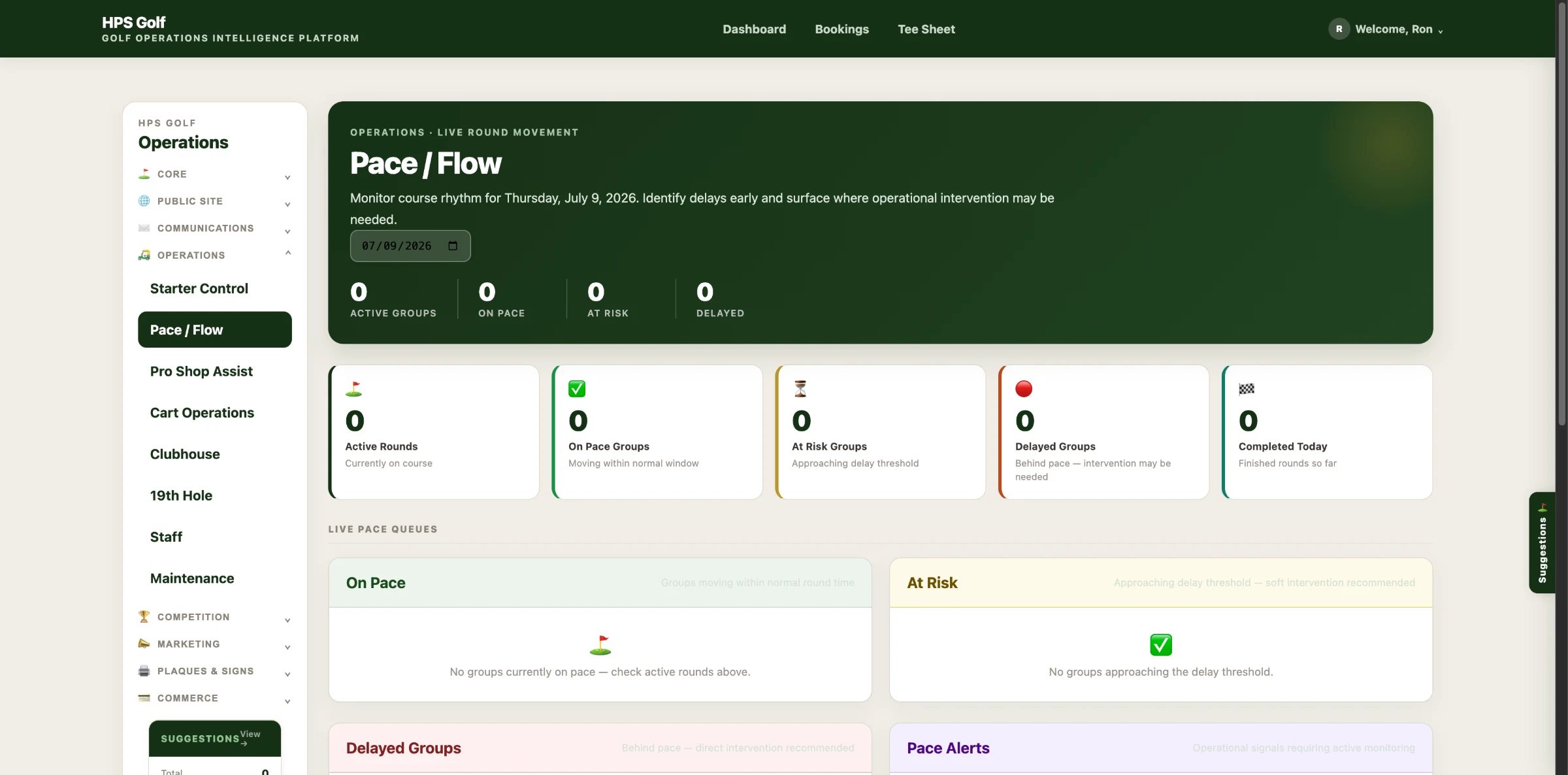 HPS Golf Pace / Flow screen showing active groups, on-pace groups, at-risk groups, delayed groups, and live pace queues across the course.