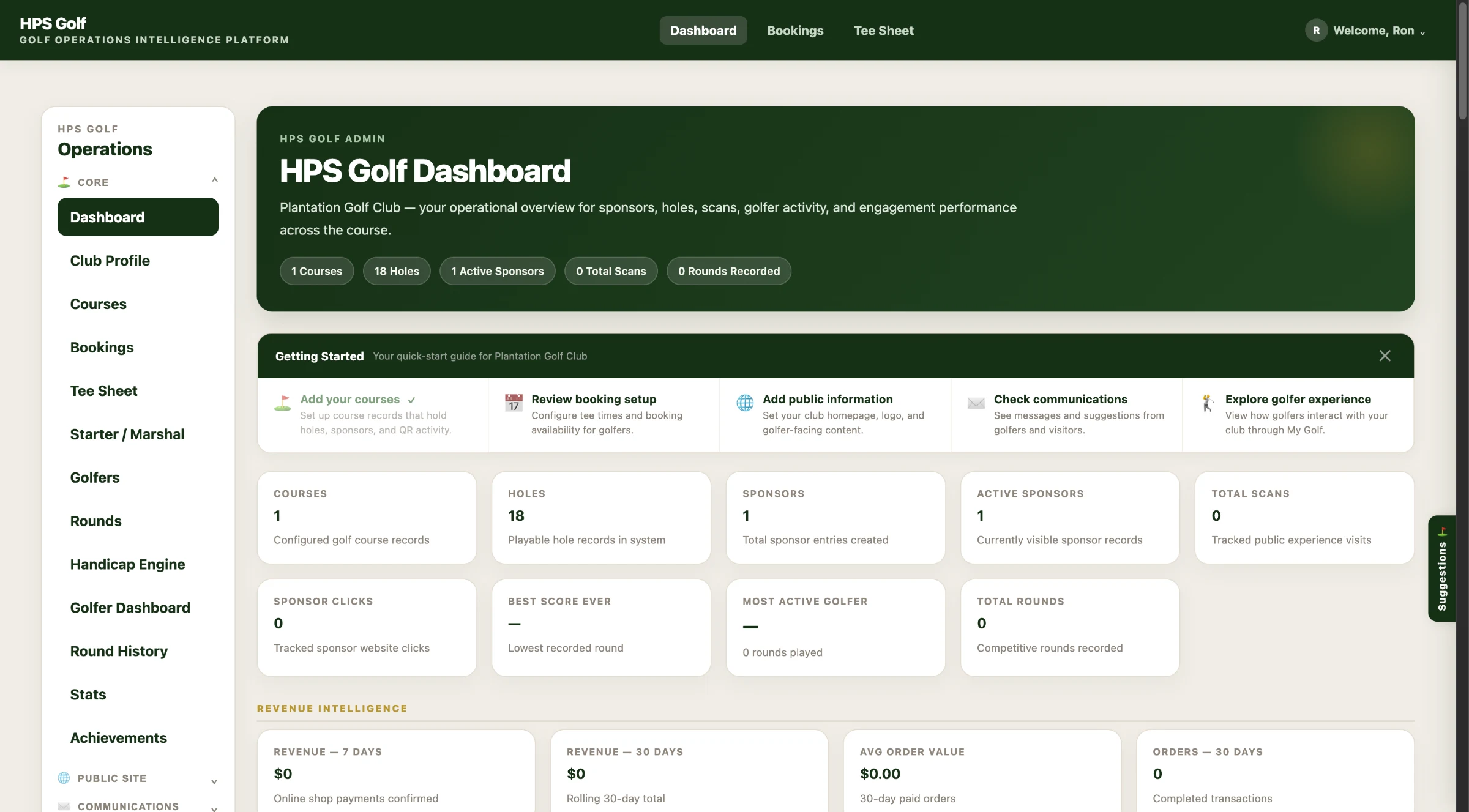HPS Golf club dashboard for Plantation Golf Club showing courses, holes, sponsors, active sponsors, total scans, sponsor clicks, and revenue intelligence.