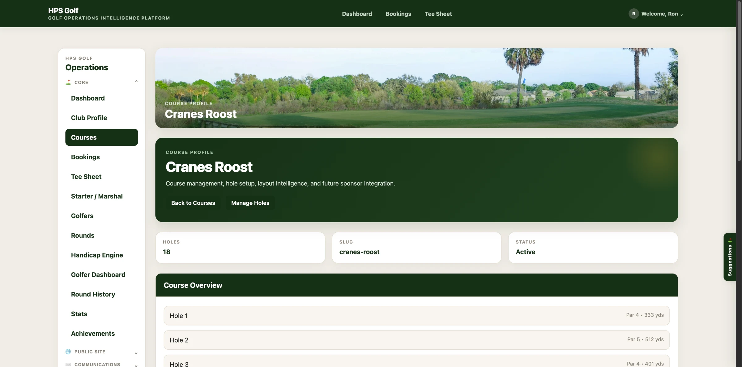 HPS Golf course profile for Cranes Roost showing the course photo, hole count, status, and hole-by-hole course overview with par and yardage.