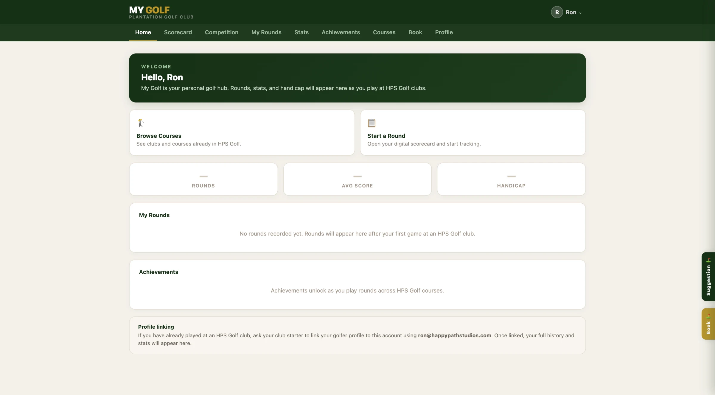 My Golf golfer dashboard for Plantation Golf Club showing rounds, average score, handicap, browse courses, start a round, and achievements.