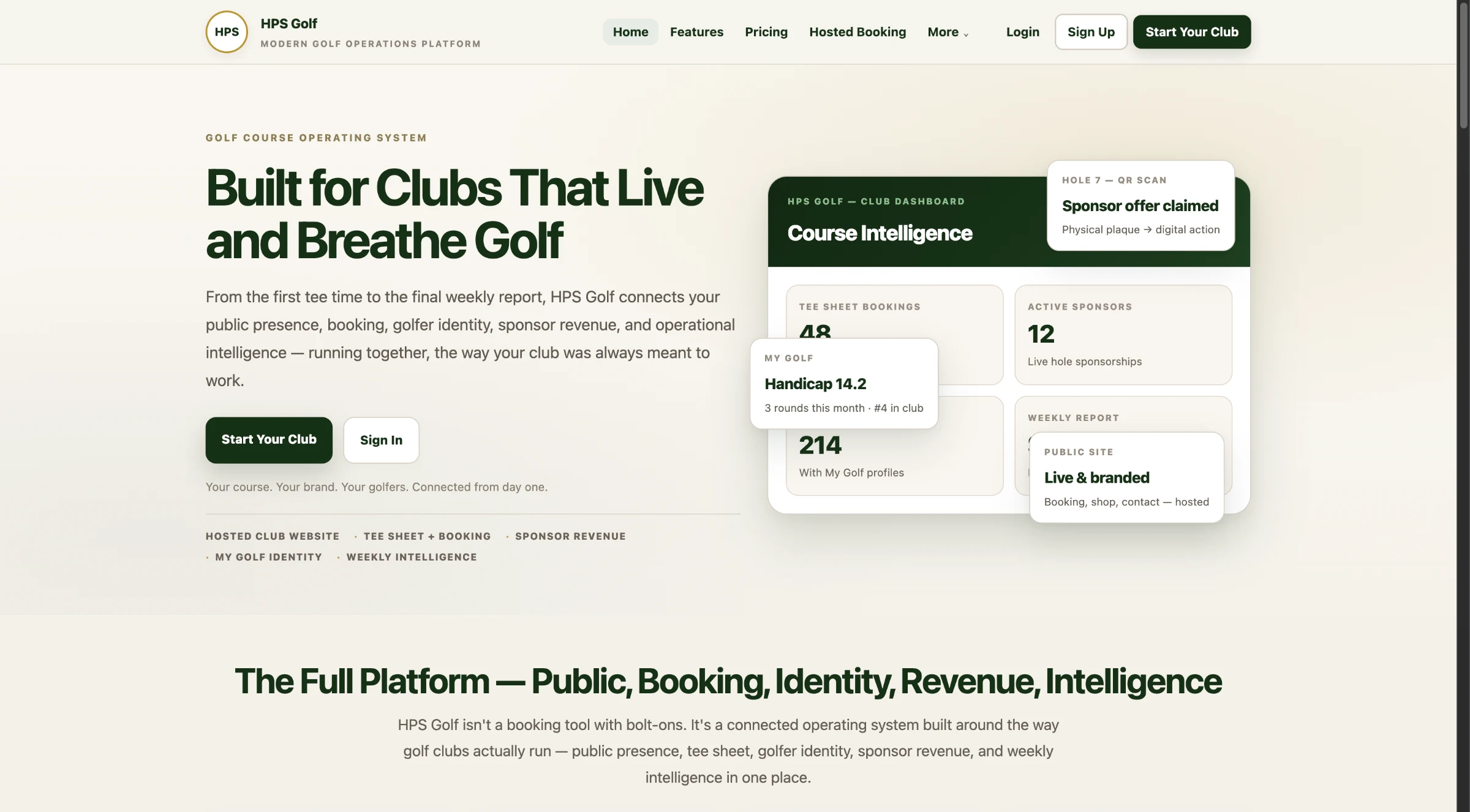 HPS Golf marketing homepage: "Built for Clubs That Live and Breathe Golf," showing the club dashboard, sponsor QR scan activity, and My Golf handicap card.