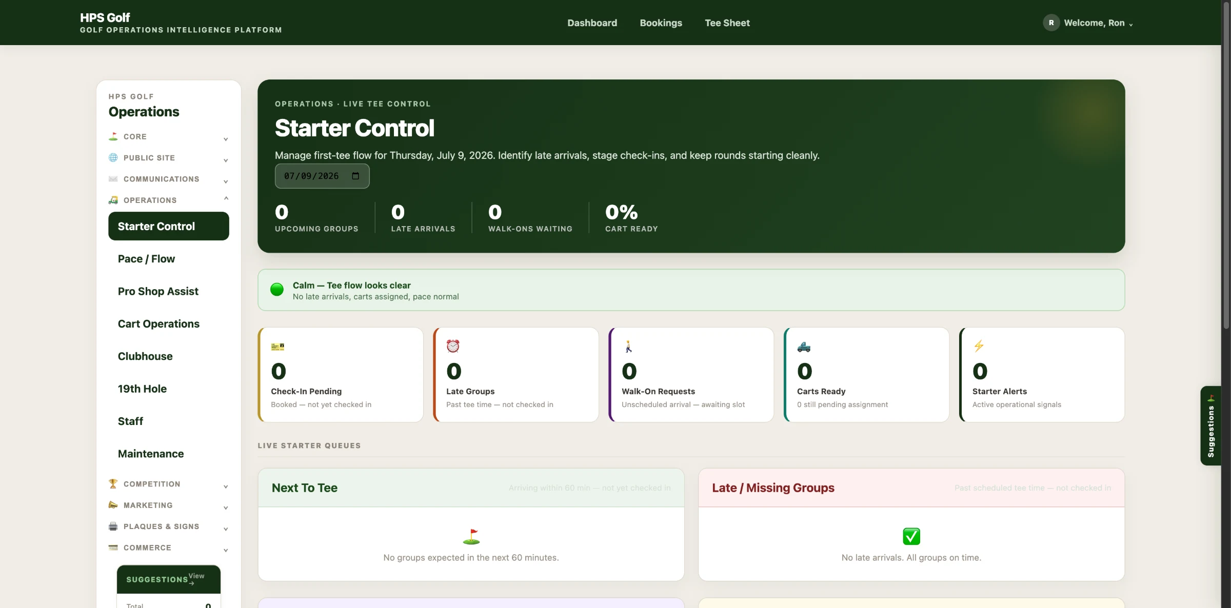 HPS Golf Starter Control screen showing upcoming groups, late arrivals, walk-ons waiting, cart ready status, and live starter queues for next-to-tee and late groups.