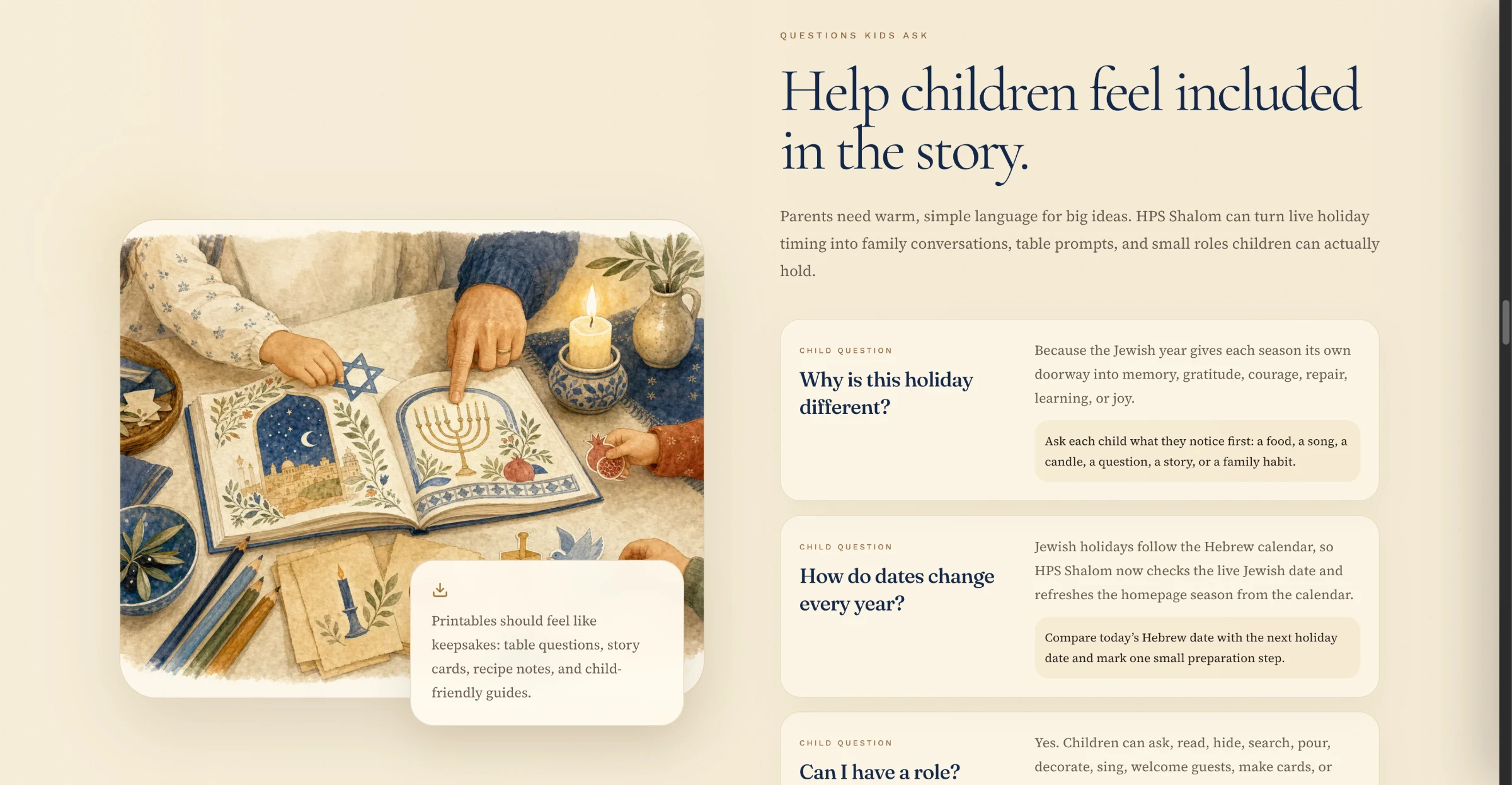 HPS Shalom "Help children feel included in the story," showing child-friendly questions like "Why is this holiday different?" alongside printable table questions and story cards.