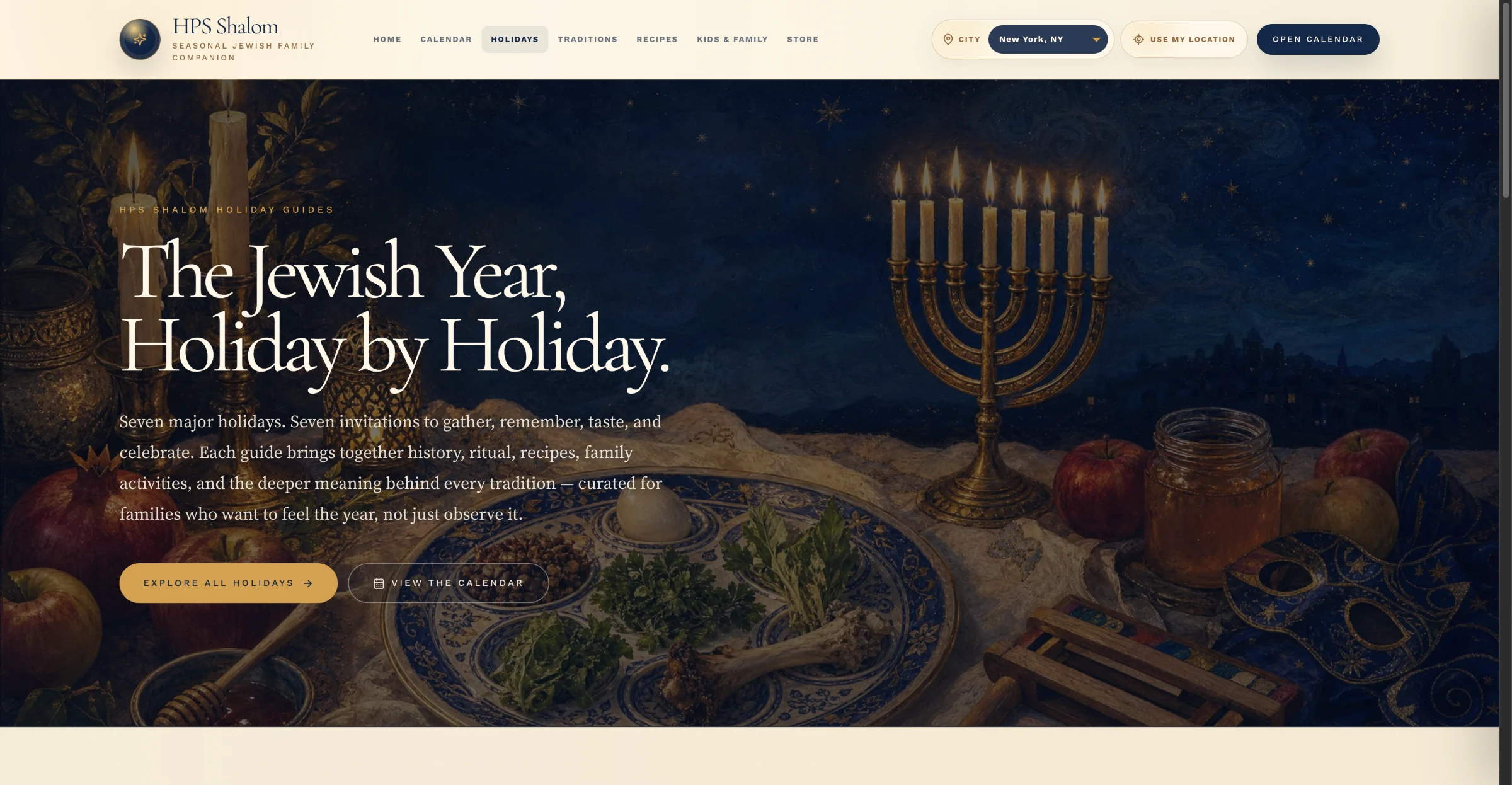 HPS Shalom Holidays page: "The Jewish Year, Holiday by Holiday," introducing seven major holiday guides covering history, ritual, recipes, and family activities.