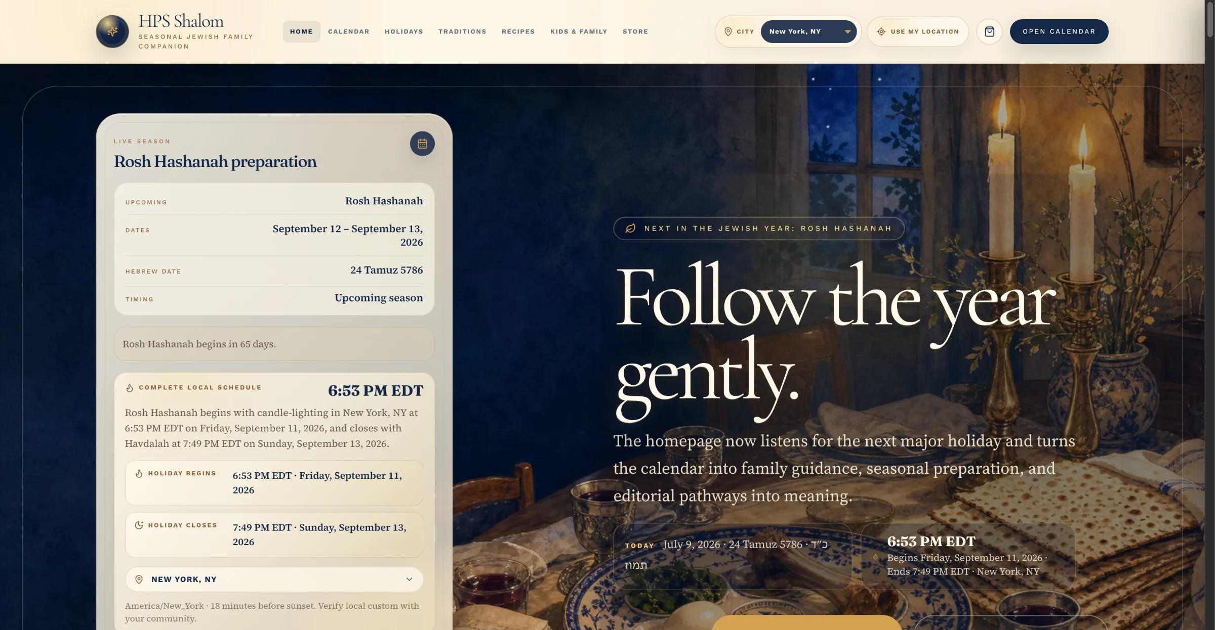 HPS Shalom homepage: "Follow the year gently," showing the live holiday countdown for Rosh Hashanah with candle-lighting times and today's Hebrew date.