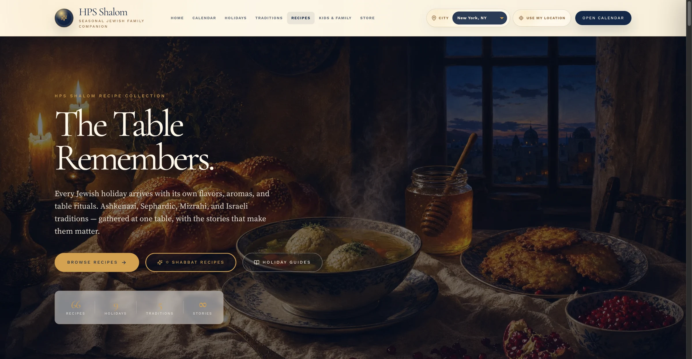 HPS Shalom Recipes page: "The Table Remembers," featuring Ashkenazi, Sephardic, Mizrahi, and Israeli recipes across 66 recipes, 9 holidays, and 5 traditions.
