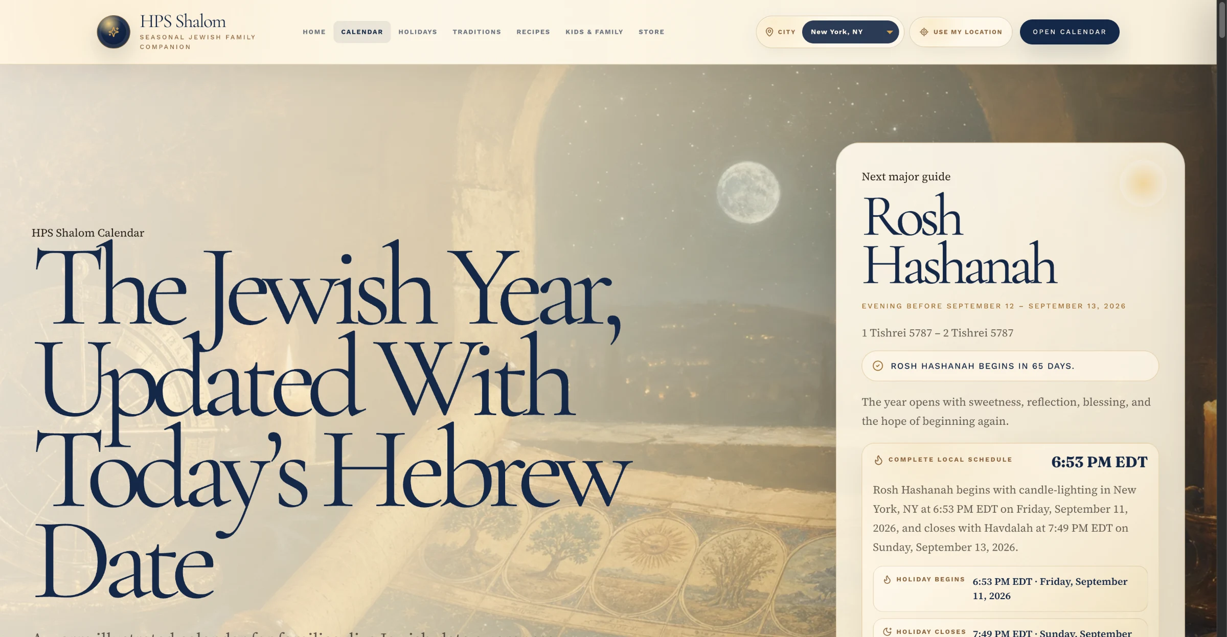 HPS Shalom Calendar page: "The Jewish Year, Updated With Today's Hebrew Date," showing the next major guide, Rosh Hashanah, with a live countdown and candle-lighting schedule.
