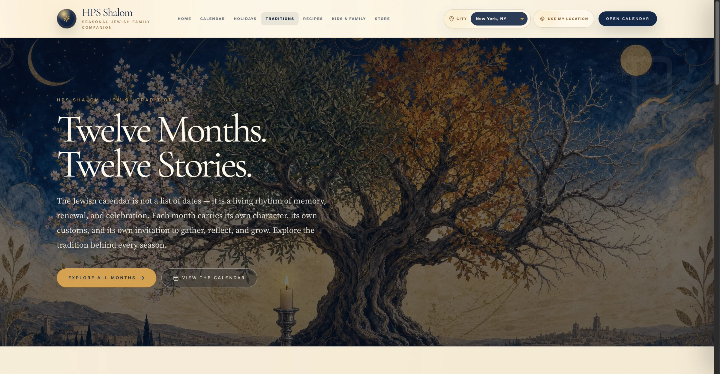 HPS Shalom Traditions page: "Twelve Months. Twelve Stories," introducing the character, customs, and tradition behind every month of the Jewish calendar.