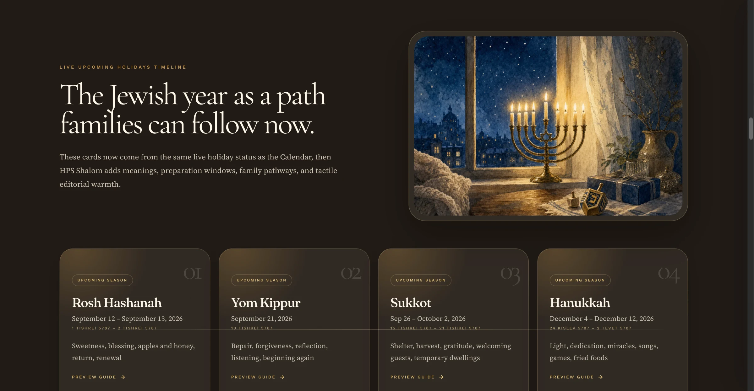 HPS Shalom "The Jewish year as a path families can follow now," showing a live upcoming holidays timeline with Rosh Hashanah, Yom Kippur, Sukkot, and Hanukkah.