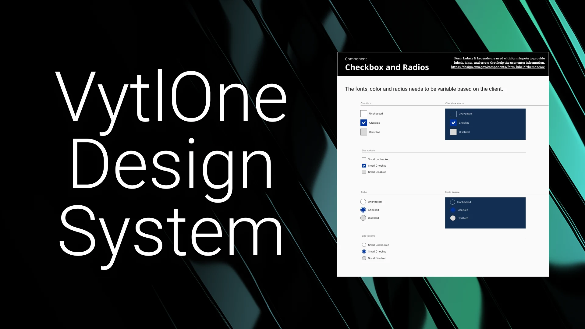 Component specification page from the VytlOne Enterprise Design System, showing checkbox and radio input variants with client-variable font, color, and radius tokens annotated.