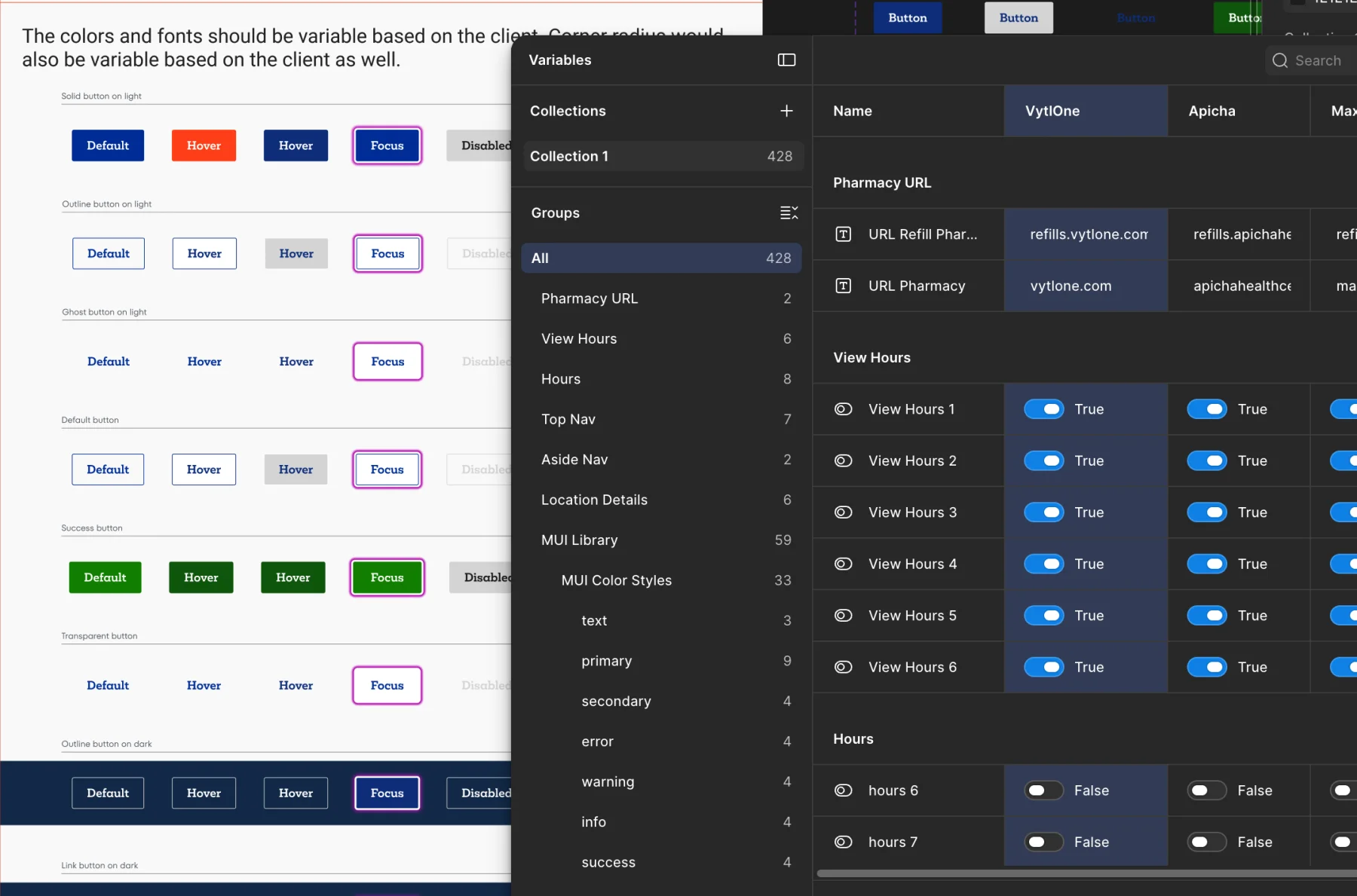 VytlOne Enterprise Design System component specification with the Figma Variables panel open, the VytlOne configuration selected, showing solid, outline, ghost, and success buttons in default, hover, focus, and disabled states.