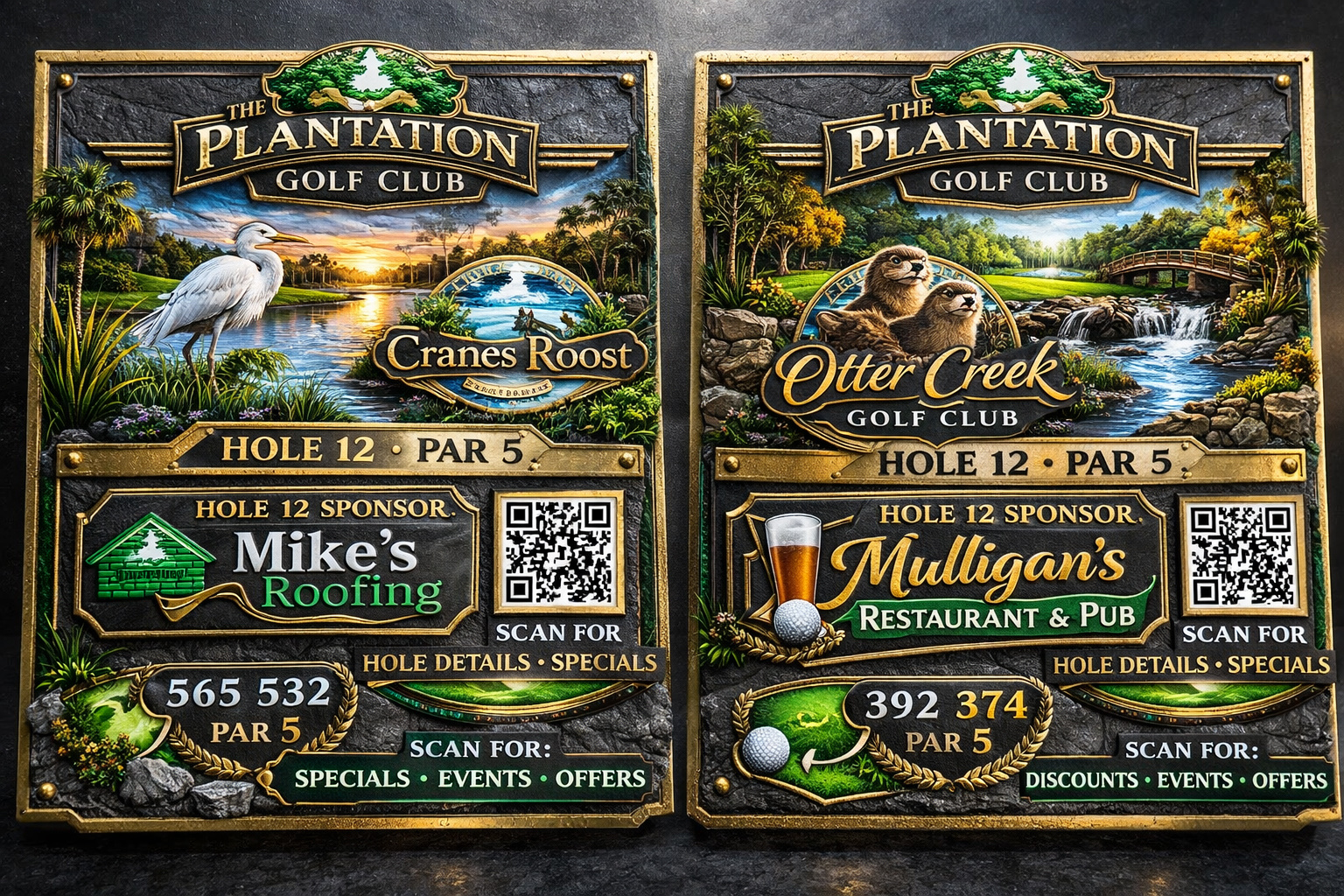 Concept visualization of two sponsor hole-plaque designs for The Plantation Golf Club: "Cranes Roost" sponsored by Mike’s Roofing and "Otter Creek" sponsored by Mulligan’s Restaurant & Pub, each with hole number, par, and a QR code for hole details and specials.