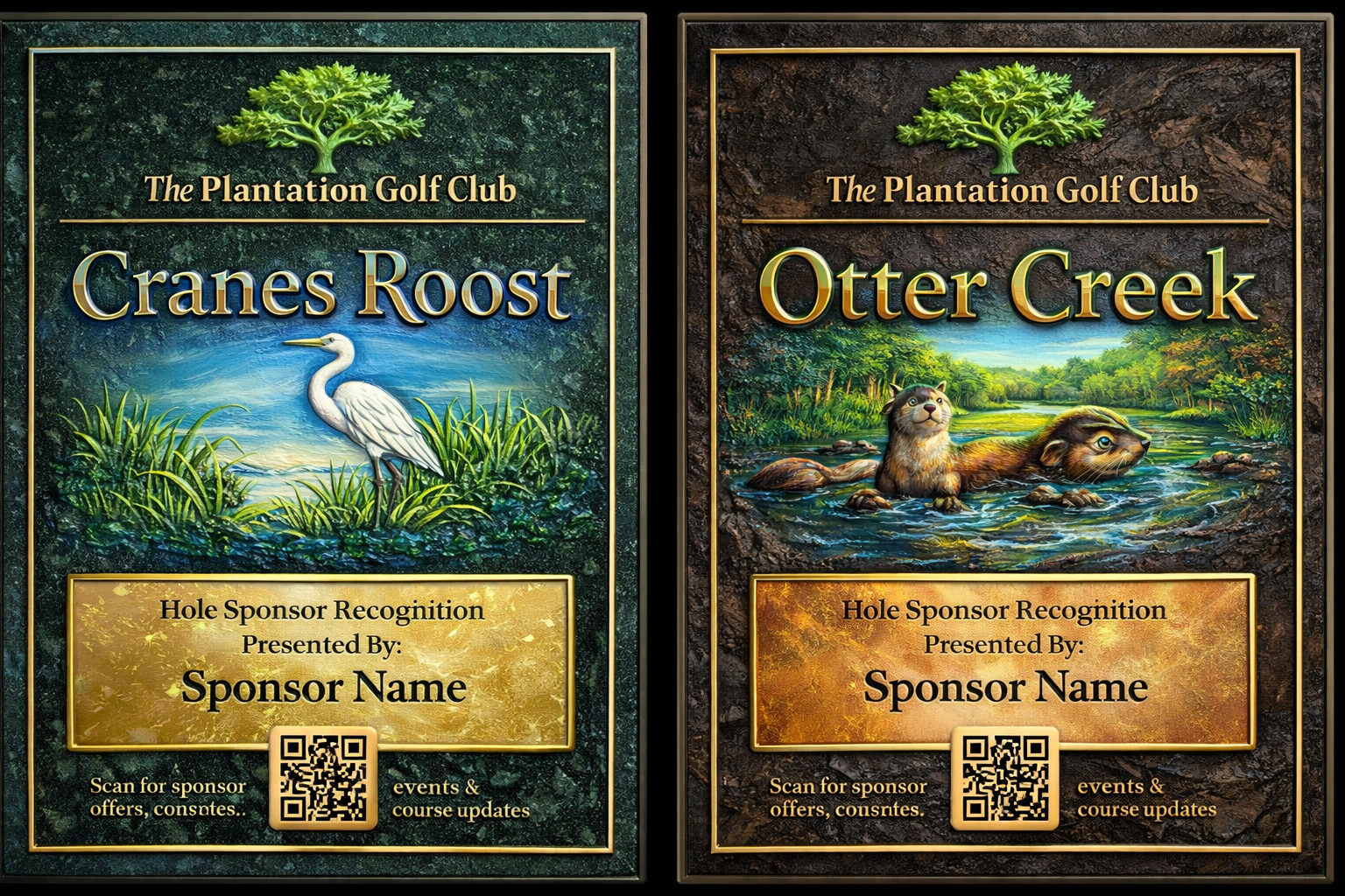 Concept visualization of a generic sponsor hole-plaque template for The Plantation Golf Club, showing placeholder "Sponsor Name" text and a QR code for sponsor offers and course updates.